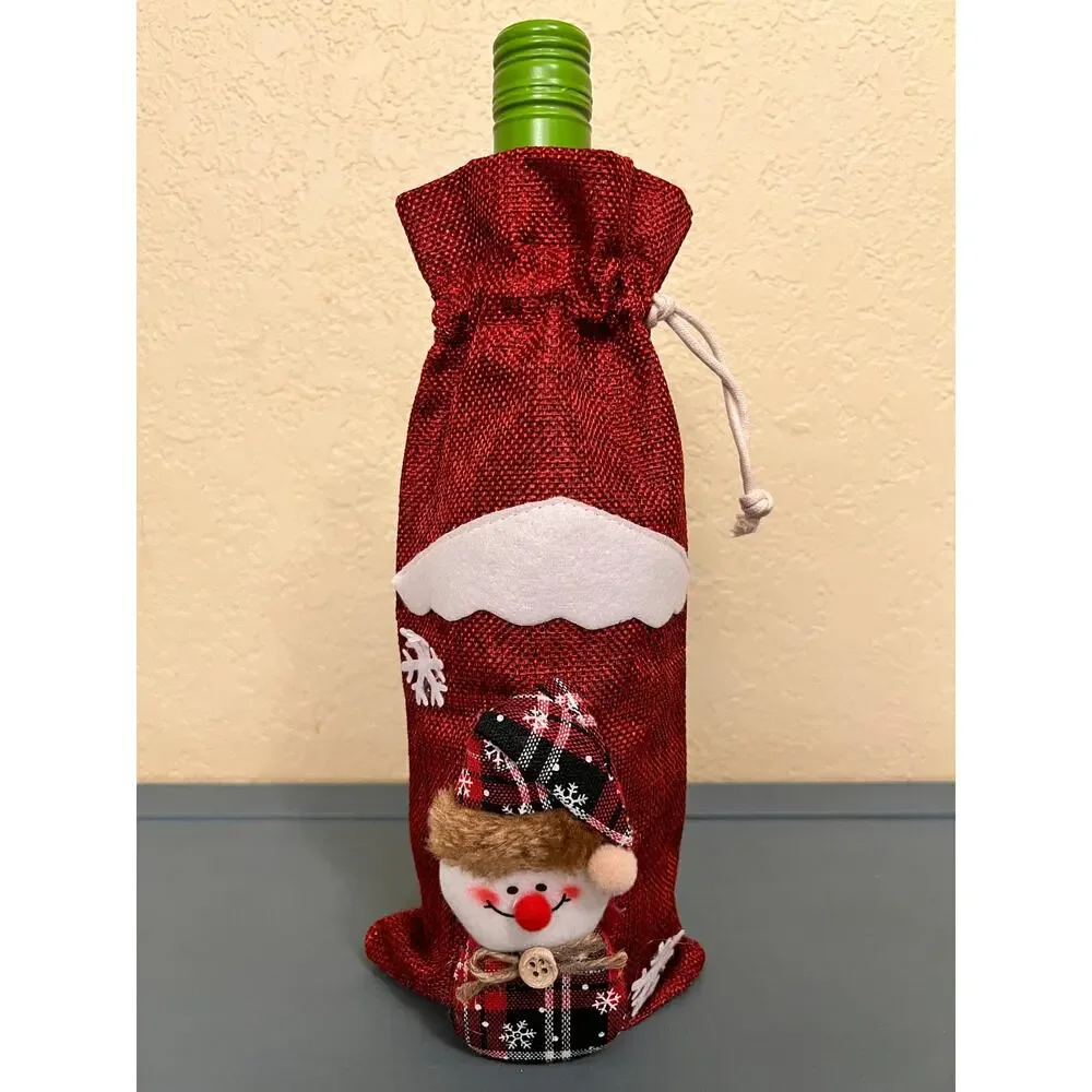 Set of 5 Christmas Wine Olive Oil Bottle Gift Bags Santa Snowman Holiday Decor